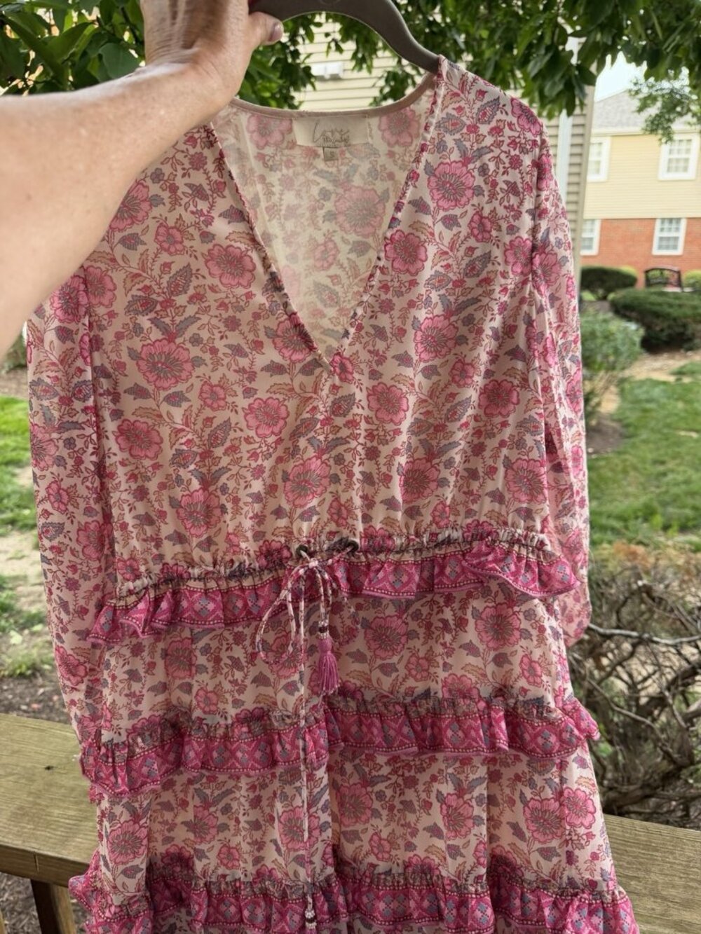 Love the Label pink floral ruffle maxi v-neck flowy dress bohemian paisley S - Picture 3 of 10